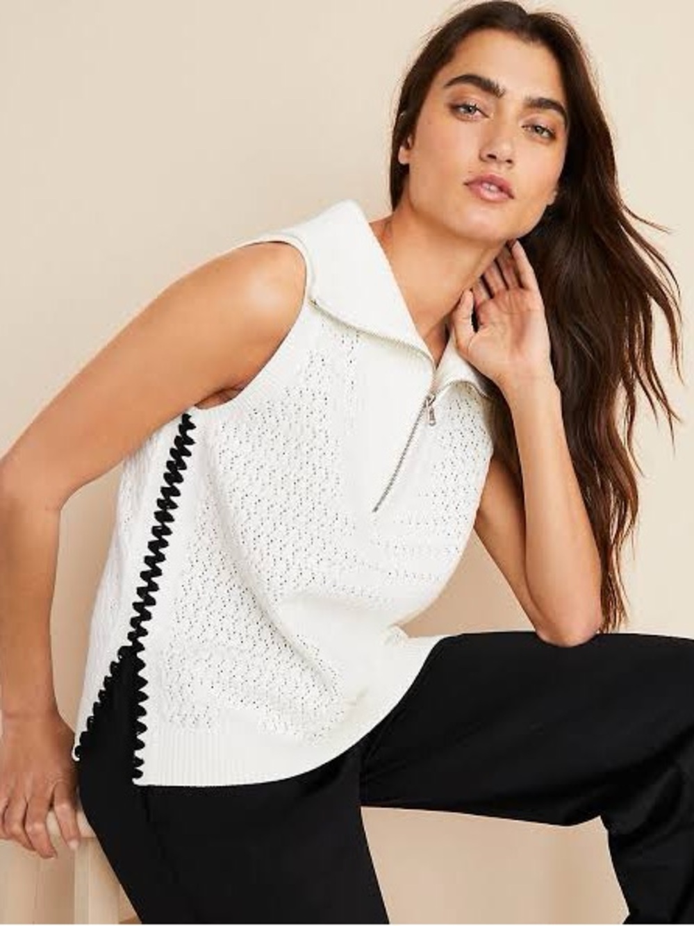 Lou & Grey Cream Zip-Front Knit Top